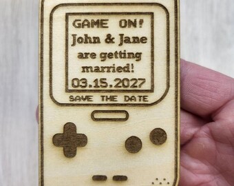 Retro Gamer Save the Date Magnet • Handheld Console Wedding Invite • Pixel Engraved Basswood Favor