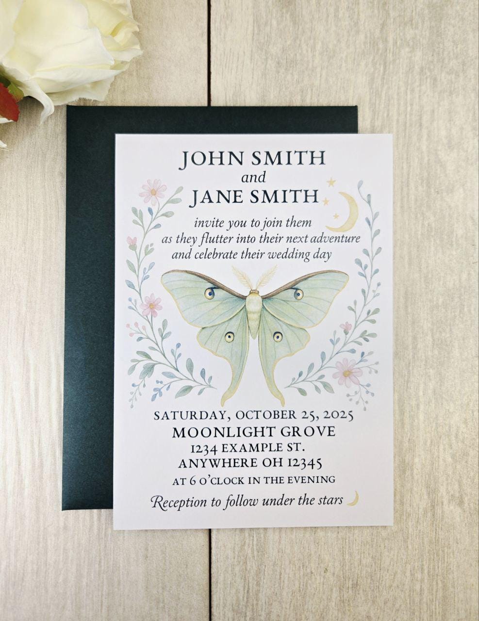 Luna Moth Wedding Invitation • Magnetic Rustic Boho Wedding Invite •  Celestial Woodland Wedding Card with Heart Magnet, image size:987x1280