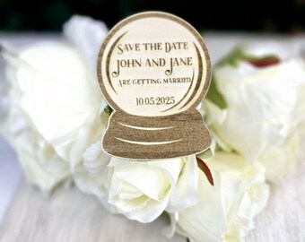 Aimant "Retenez cette date" boule de cristal • Faire-part de mariage Halloween sorcière • Cadeau de mariage en bois personnalisé