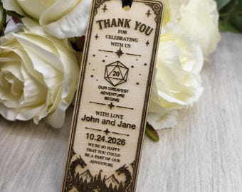 Personalized D20 DnD Wedding Favor Bookmark, Fantasy Adventure Thank You Gift