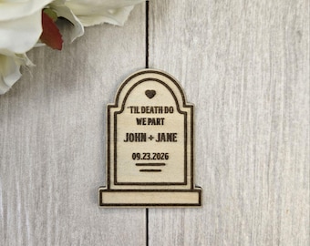 Imán para reservar la fecha con forma de lápida • Invitación de boda gótica de Halloween • Recuerdo de boda espeluznante • Invitación magnética "Hasta que la muerte nos separe"