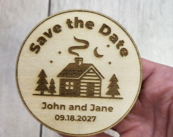 Aimant « Retenez cette date » pour mariage cabane en rondins : faire-part personnalisé rustique en bois