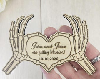 Skeleton Heart Save the Date Magnet – Gothic Halloween Wedding Invitation • Spooky Wooden Magnet • Custom Save the Date for Weddings