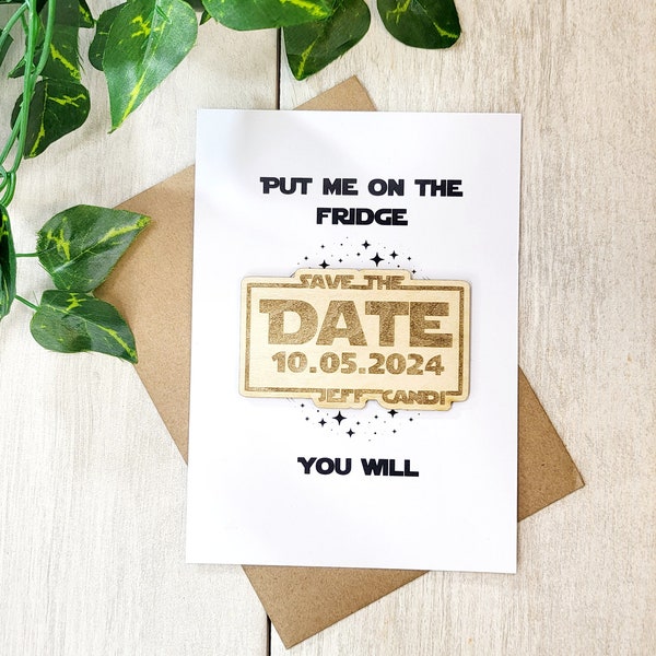 Nerdy Star Wars inspired Save the Date Magnets | Personalized Wedding Announcement | Laser Engraved wooden magnet | Sci Fi Geek Invite
