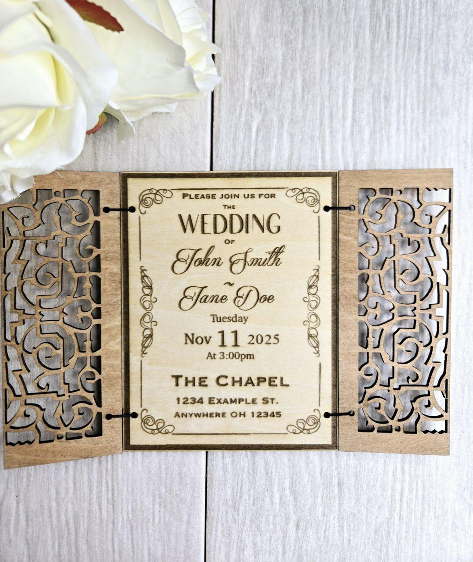 Elegant Wood Wedding Invitation | Laser Cut Gate Fold | Bulk Pricing ...