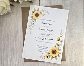 Faire-part de mariage tournesol, invitation à imprimé floral rustique, mariage dans une grange bohème, fleurs sauvages jaunes, cartes imprimées personnalisées