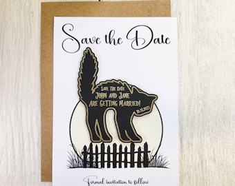 Imanes de boda con diseño de gato negro espeluznante / Anuncios de boda de Halloween / Invitaciones de boda góticas personalizadas con imán de madera pintada