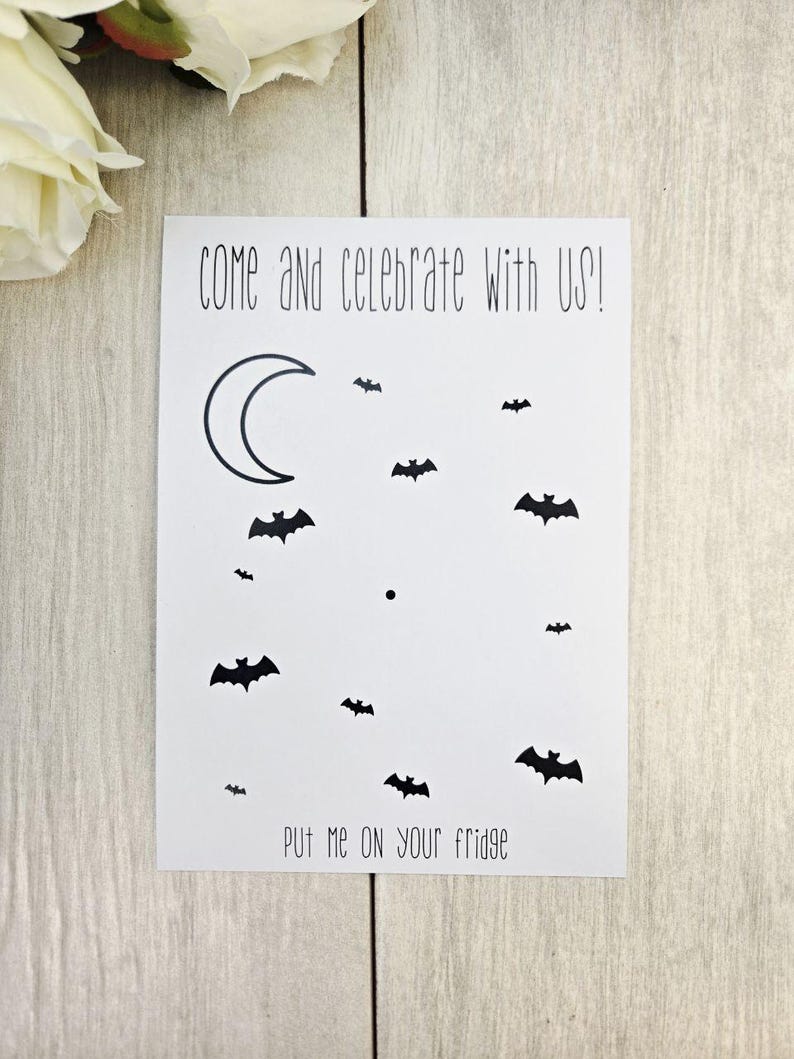 Bat Save the Date Magnet – Gothic Halloween Wedding Invitation • Spooky Wedding Magnet • Custom Wood Save the Date for Fall Weddings image 5