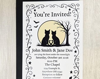 Faire-part de mariage chat noir • Faire-part gothique pour Halloween • Papeterie fantasmagorique au clair de lune