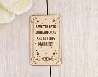 Tarot Card Save the Date Magnet & Card • Witchy Gothic Wedding Invite • Laser Engraved Wood • Spooky Boho Stationery