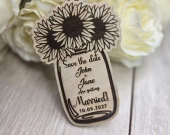 Sunflower Mason Jar Save the Date Magnet: Rustic Wood Wedding Favor
