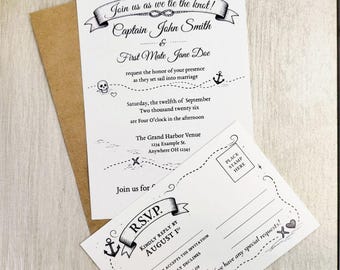 Faire-part de mariage pirate + RSVP | Papeterie tête de mort nautique | Ensemble d'invitations en papier bateau pirate