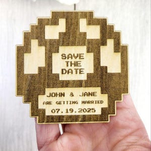 Nerdy Wedding Save The Date Magnets, 1up Pixel Mushroom Themed Save the Date Nerdy Wedding Invitations Personalized Wood Magnet and Card
