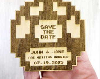 1UP Save the Date | Pixel Mushroom Magnet | Gaming Wedding | Personalized Wood Invite