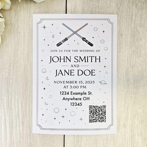 Convite de casamento de ficção científica com código QR • Convite com tema de estrela • Conjunto de casamento nerd com cartão postal RSVP • Convite de casamento personalizado da galáxia