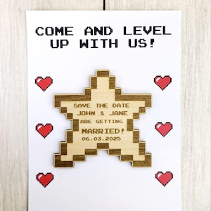 Nerdy Wedding Save The Date Magnets, Power-up Pixel Star Themed Save the Date Nerdy Wedding Invitations Personalized Wood Magnet and Card