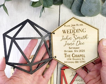 D20 Wedding Invitation • Foldable Dice Cover Card • Nerdy RPG Wedding Invite • Custom Laser Engraved Wood • Geeky Gamer Ceremony Card