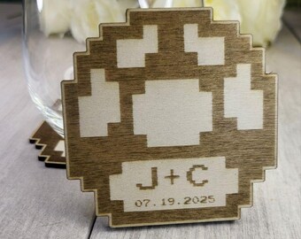 Pixel Mushroom Wedding Coaster • Retro Gamer Wedding Favor • Personalized 8-Bit Video Game Coasters for Guests