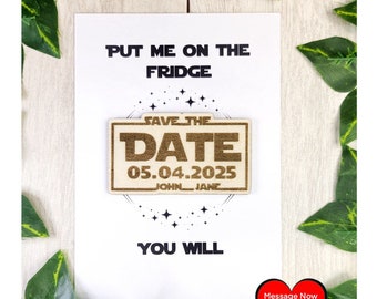 Nerdy Star inspired Save the Date Magnets | Personalized Wedding Announcement | Laser Engraved wooden magnet | Sci Fi Geek Invite