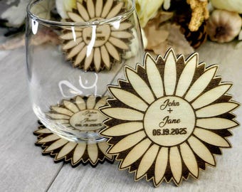 Sunflower Wedding Favor Coaster – Rustic Guest Gift, Personalized Wood Coaster, Sunflower Save the Date, Country Wedding Decor