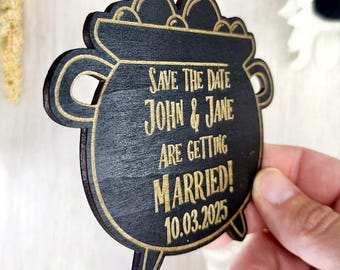 Cauldron Save the Date Magnet • Halloween Wedding Invitation • Spooky Fall Wedding • Black Wood Fridge Magnet • Gothic Wedding