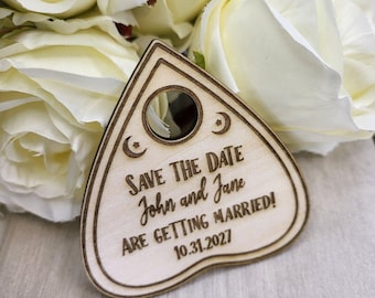Ouija Planchette Save the Date Magnet • Gothic Halloween Wedding Invitation • Custom Wooden Magnet with Card