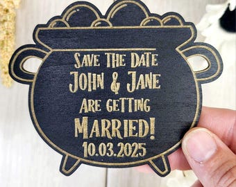 Cauldron Save the Date Magnet • Black Wood Halloween Wedding Invitation • Gothic Save the Dates