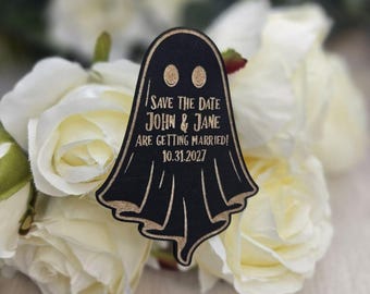 Black Ghost Save the Date Magnet with Card • Halloween Wedding Invitation • Personalized Gothic Wedding Favor