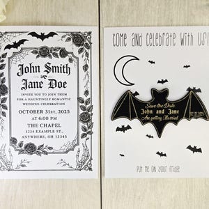 Conjunto de convites de casamento góticos com ímã de morcego para salvar a data • Pacote de casamento de Halloween • Papelaria alternativa para casamento assustador