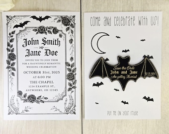 Ensemble de faire-part de mariage gothique avec aimant chauve-souris « Save the Date » • Lot mariage Halloween • Autre papeterie de mariage effrayante