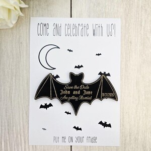 Bat Save the Date Magnet – Gothic Halloween Wedding Invitation • Spooky Wedding Magnet • Custom Wood Save the Date for Fall Weddings image 4