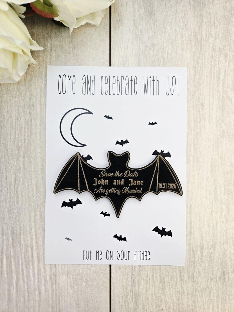 Bat Save the Date Magnet – Gothic Halloween Wedding Invitation • Spooky Wedding Magnet • Custom Wood Save the Date for Fall Weddings image 4