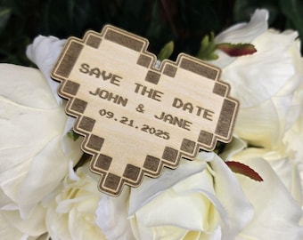 Pixel Heart Save The Date Magnets, Cute and unique Game invites | Personalized Wedding Announcement | Laser Engraved wooden magnet