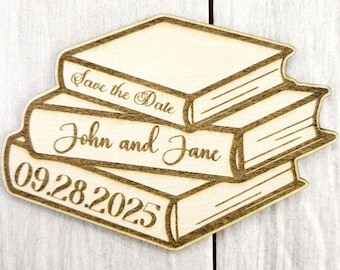 Book Stack Save the Date Magnet • Fantasy Wedding Magnet • Nerdy Book Themed Wedding • Custom Wood Magnet