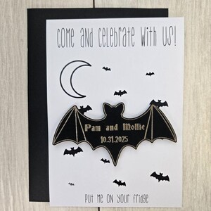 Bat Save the Date Magnet – Gothic Halloween Wedding Invitation • Spooky Wedding Magnet • Custom Wood Save the Date for Fall Weddings With Card + Envelope
