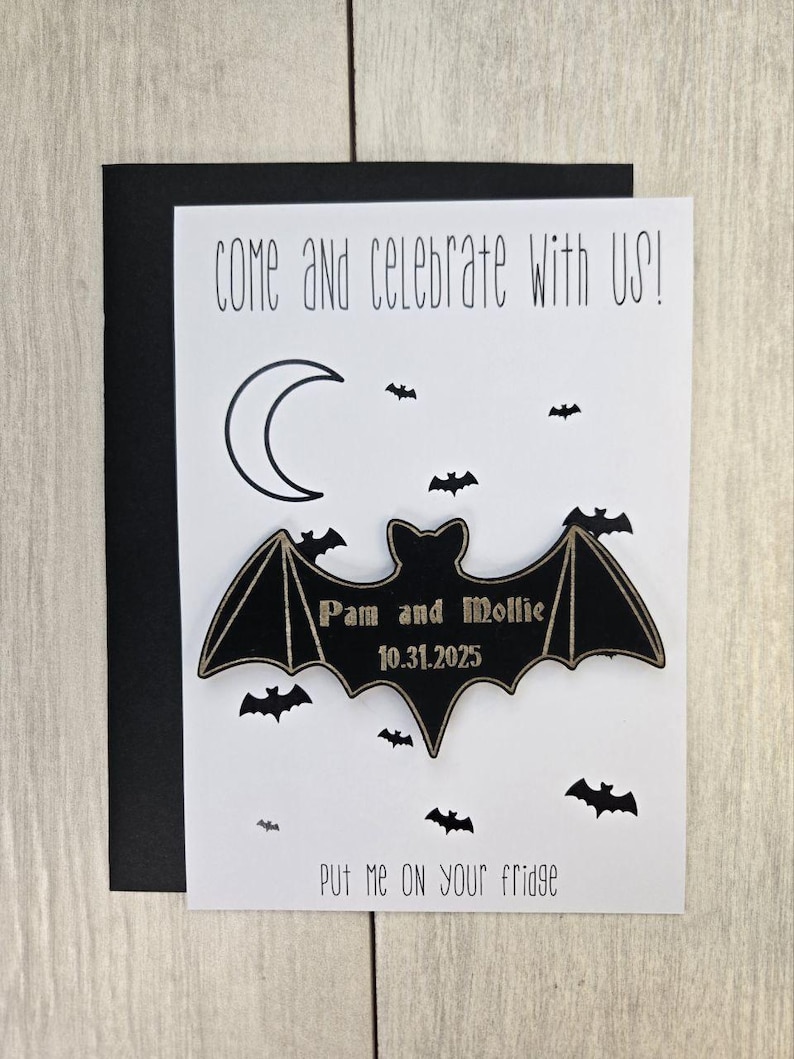 Bat Save the Date Magnet – Gothic Halloween Wedding Invitation • Spooky Wedding Magnet • Custom Wood Save the Date for Fall Weddings With Card + Envelope