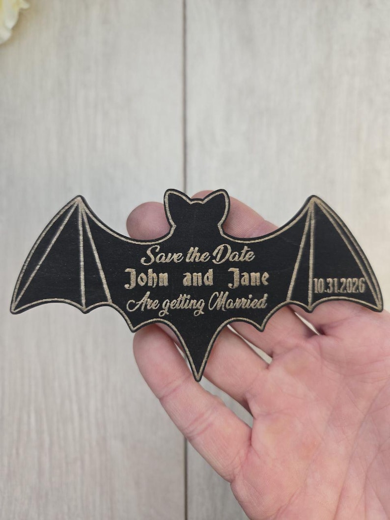 Bat Save the Date Magnet – Gothic Halloween Wedding Invitation • Spooky Wedding Magnet • Custom Wood Save the Date for Fall Weddings Magnet Only