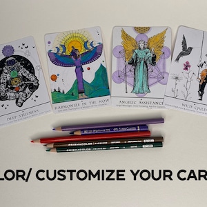 May include: Four coloring book cards with different illustrations. The cards feature an astronaut, a woman with wings, an angel, and a child on a swing. The cards are blank and ready to be colored. The text on the cards reads "Deep Stillness", "Harmonize in the Now", "Angelic Assistance", and "Wild Child".