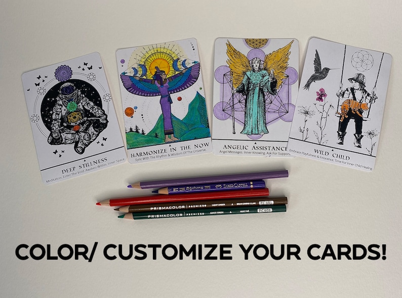May include: Four coloring book cards with different illustrations. The cards feature an astronaut, a woman with wings, an angel, and a child on a swing. The cards are blank and ready to be colored. The text on the cards reads "Deep Stillness", "Harmonize in the Now", "Angelic Assistance", and "Wild Child".