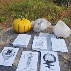 May include: A set of intuitive oracle cards with illustrations of a book, a woman with wings, a compass, and a bird. The cards are laid out on a wooden surface with a small pumpkin, crystals, and a white cloth.
