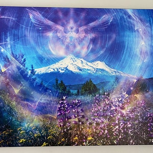 Mount Shasta Spiritual Art, Melanie Beckler Artwork, Angel Energy Poster, Peaceful High Vibration Canvas, Crown Chakra Activation Print