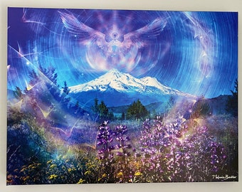 Mount Shasta Spiritual Art, Melanie Beckler Artwork, Angel Energy Poster, Peaceful High Vibration Canvas, Crown Chakra Activation Print