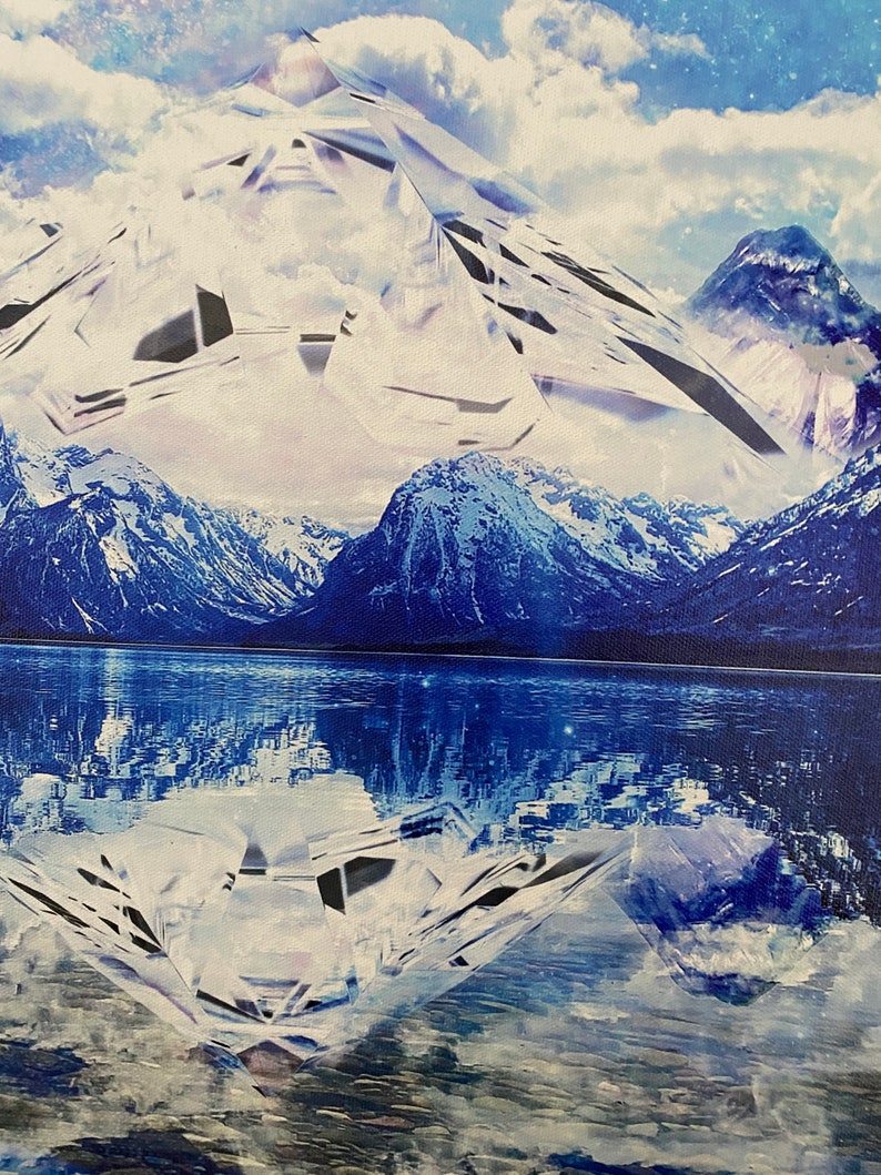 May include: A digital art print featuring a mountain range reflected in a lake. The mountains are covered in snow and the lake is a deep blue. A large, white, crystal-like shape is superimposed over the mountains and lake.