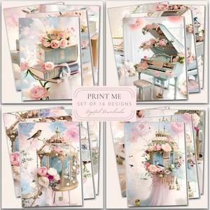 Digital Download Prints / Images, Shabby, Chic, Roses, Pink, Vintage, Birdcages & Piano Illustrations