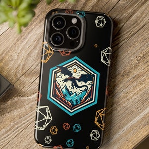Unique DnD iPhone MagSafe Case with Dragon Sunset Landscape, Art-Deco Style, iPhone 14 Case, iPhone 15 Case, DnD Gifts, Dungeon Master Gitf