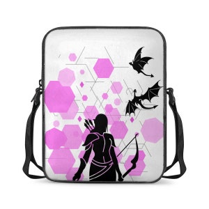 May include: A black and white laptop sleeve with a pink geometric pattern. The design features a silhouette of a woman with a bow and arrow, and two dragons flying above her.