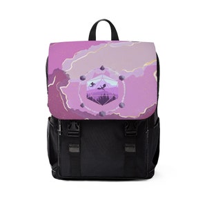 May include: Black and purple backpack with a flap closure. The flap features a purple and gold marbled design with a geometric graphic of a dragon and landscape. The backpack has a black handle and adjustable straps.