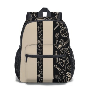May include: A beige and black backpack featuring a repeating pattern of fantasy-themed icons. The backpack has a large main compartment, a front zippered pocket, and a side mesh pocket. The design includes axes, dice, swords, and other role-playing game elements.