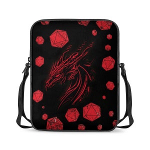 May include: Black messenger bag with a red dragon design and a pattern of red dice.