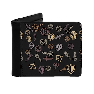 DnD Herren PU-Leder Geldbörse mit W20, Schwertern, Zauberstab und mehr - Einzigartiges gemustertes Design - Geschenk für Dungeon Master, Männer, Freund